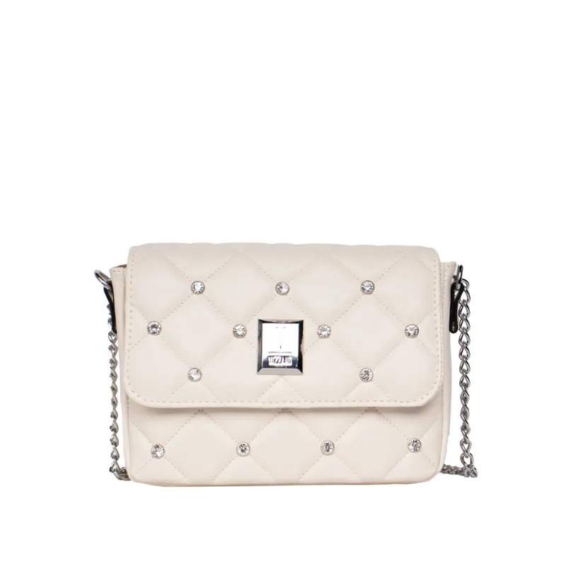 Bolsa Feminina Vizzano Napa Transversal Pequena Soft Strech em Matelassê com Correntes e Pedrarias Off White - U