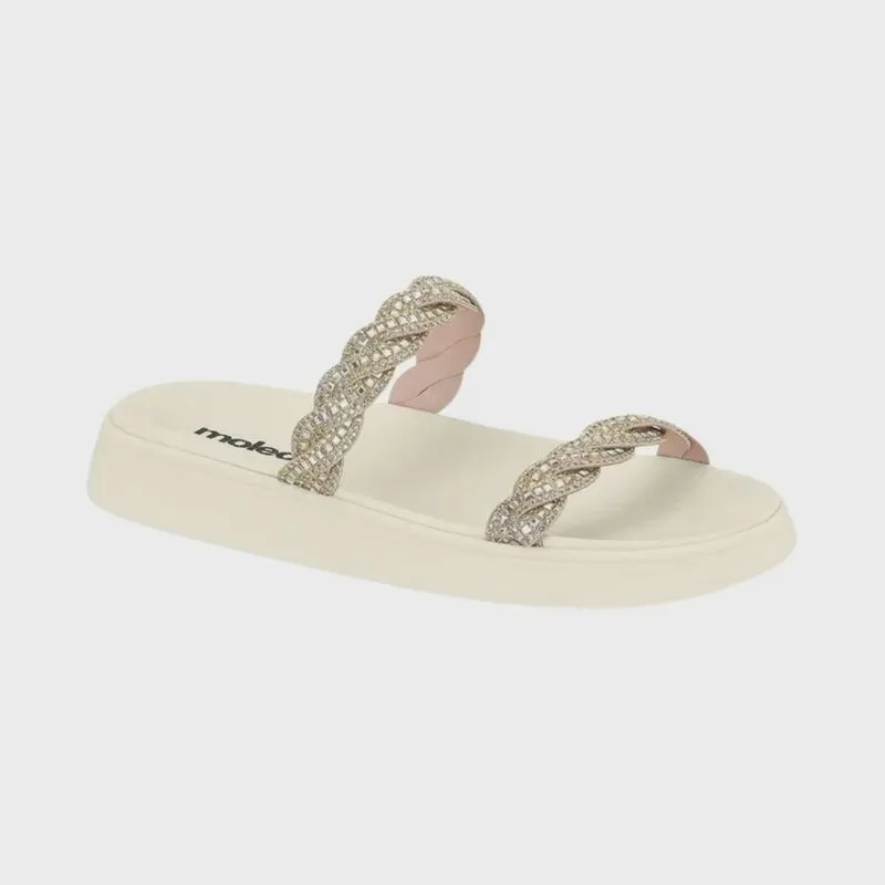 Tamanco Moleca Feminino Anatômica Tiras Brilhantes Dourado Off White