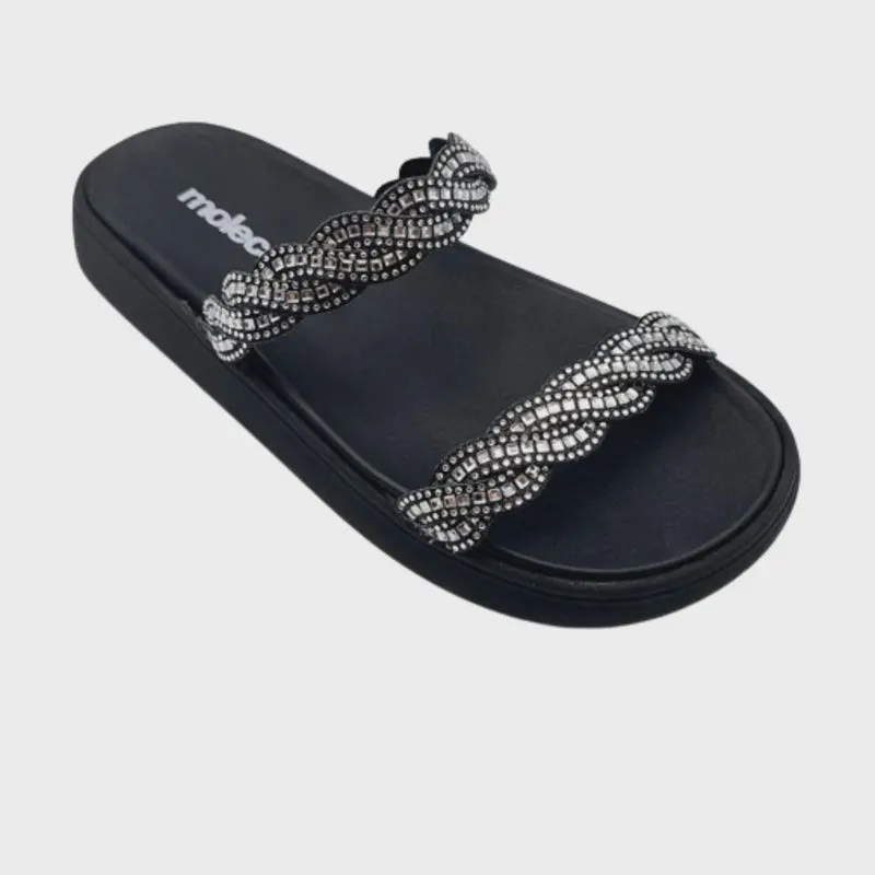 Tamanco Moleca Feminino Casual Black Duas Tiras Pedraria