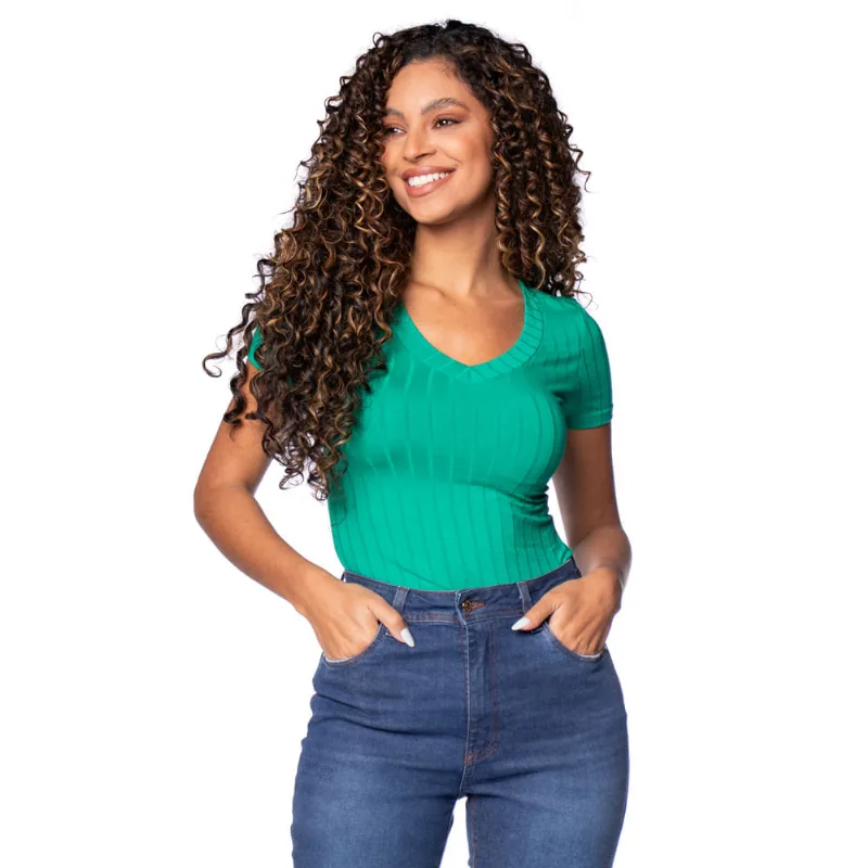Blusa Feminina Cativa Canelada Decote V Verde - M