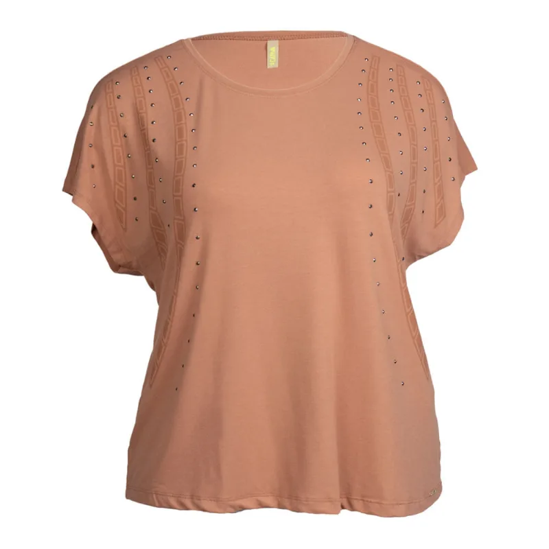 Blusa Feminina Cativa Plus Size Detalhes com Pedrarias Areia - EP