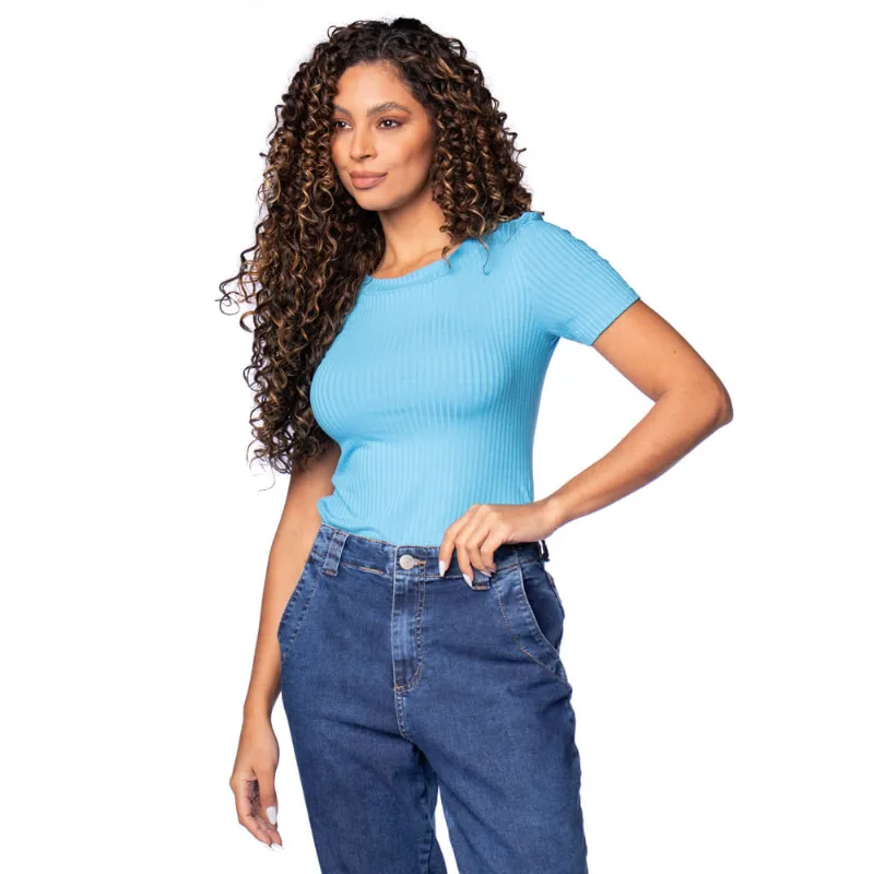 Blusa Feminina Cativa Canelada Decote Canoa Azul - G