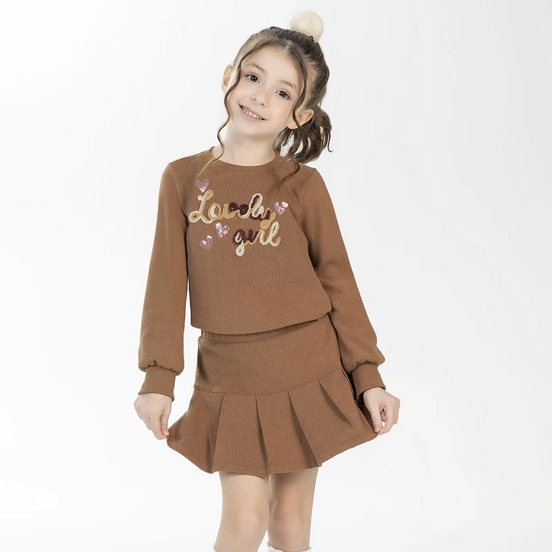 Conjunto Blusa Manga Longa e Saia Bordado Lovely Girl Cativa - Feminino 06 / Menina / Camel