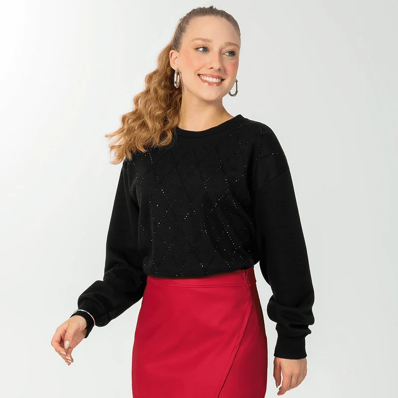 Blusinha Manga Longa Tricot Trabalhado Leve Cativa - Feminina 12 / Menina / Preto