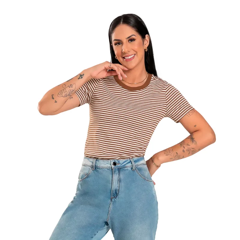 Blusa Feminina Cativa Listrada Marrom/Branco - G