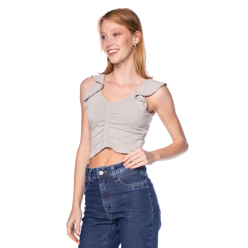 Blusa Cropped Feminina Cativa com Franzido Cinza - P