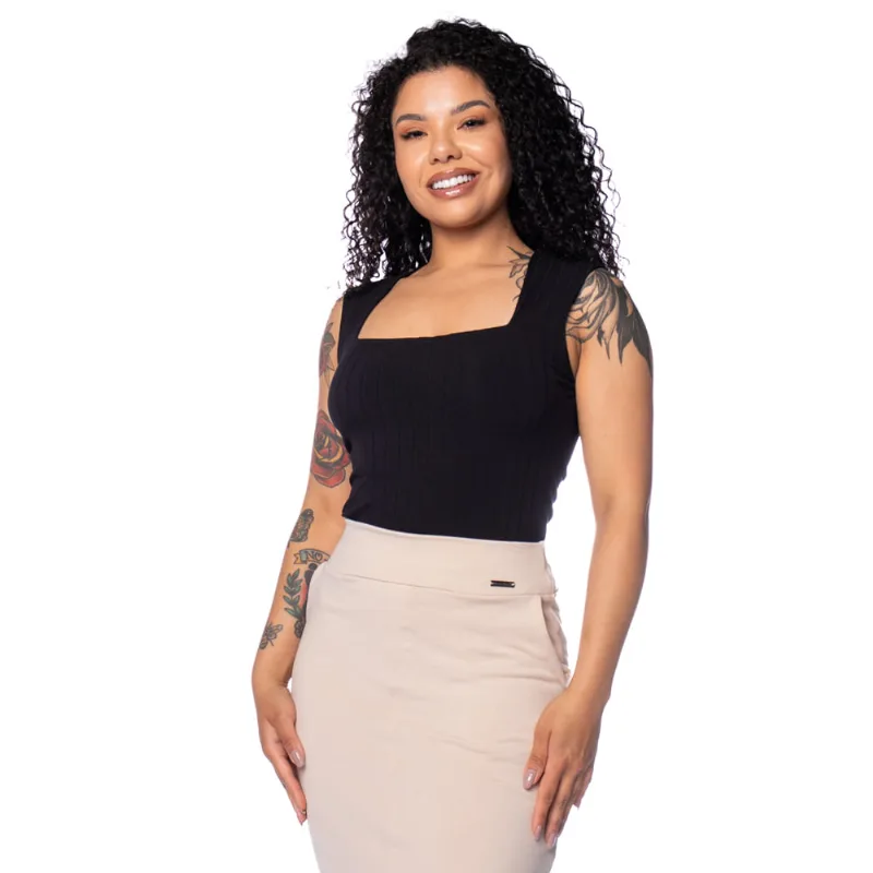 Blusa Feminina Cativa Regata Decote Quadrado Canelado Preto - GG