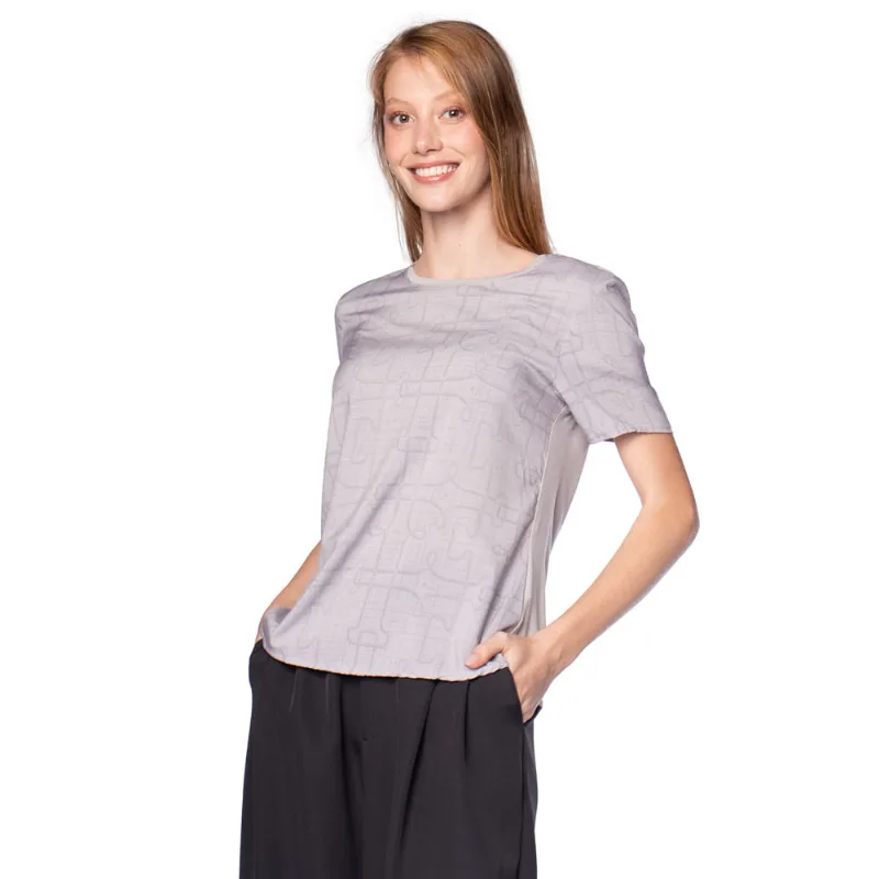 Blusa Feminina Cativa Manga Curta Detalhe Linhas Cinza - P