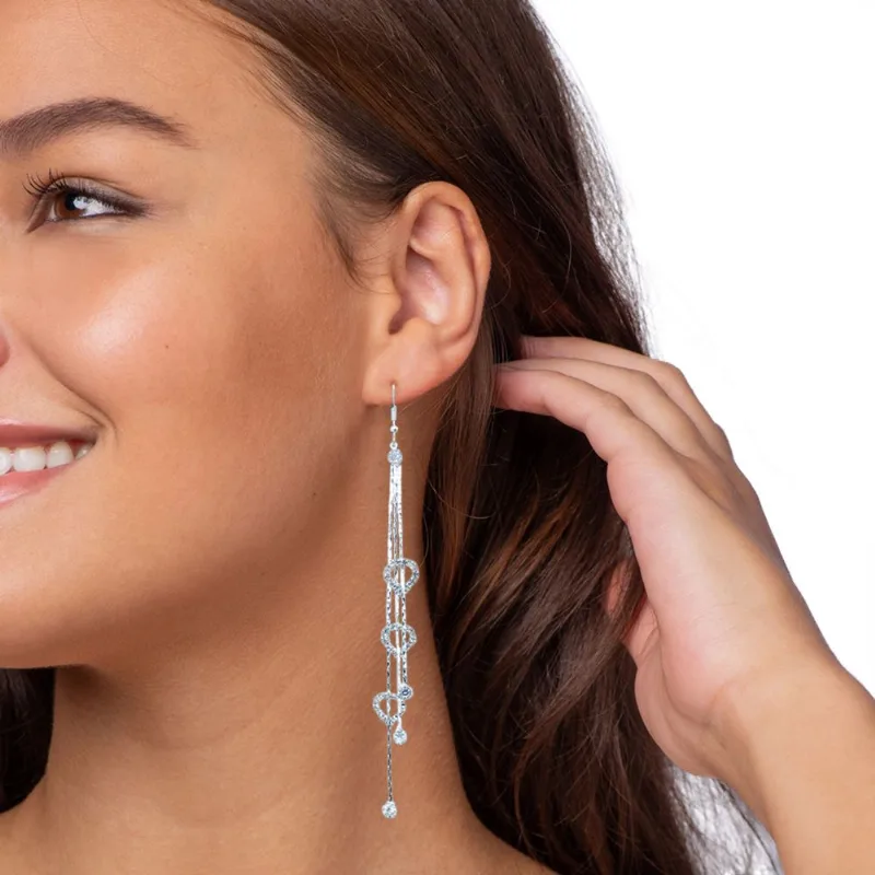 Brinco Festa Feminino Delicado Coração Longo Prateado Strass - Prateado