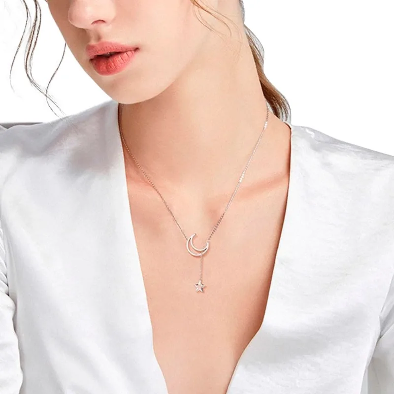Colar Feminino Gargantilha Estrela E Lua Moda Hipie Prateado - Prateado