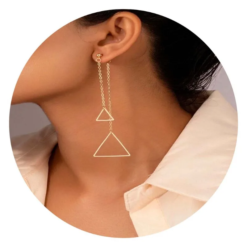 Brinco Longo Corrente Triangular Feminino Dourado Elegante - Dourado