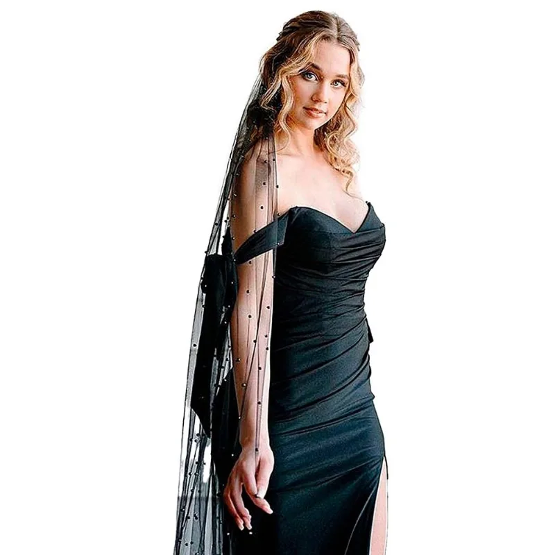 Véu De Noiva Casamento Bolinhas Preto Longo 2m Com Pente - Preto