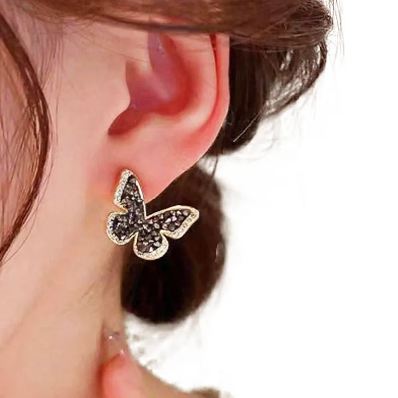 Brincos De Borboleta Estilo Delicado Strass Brilho - Preto