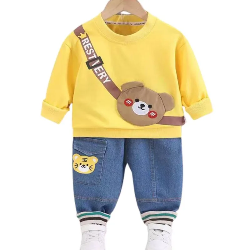 Conjunto Roupa Moletom Infantil Urso Jeans Menino Festa - Amarelo - 3