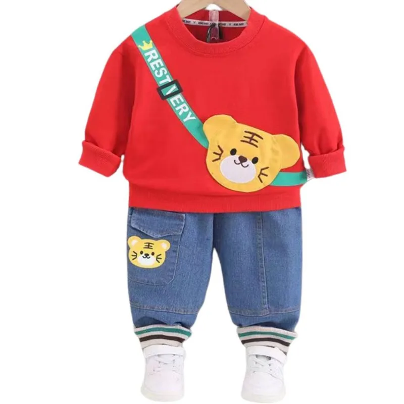 Conjunto Roupa Moletom Infantil Urso Jeans Festa Menino - Vermelho - 5