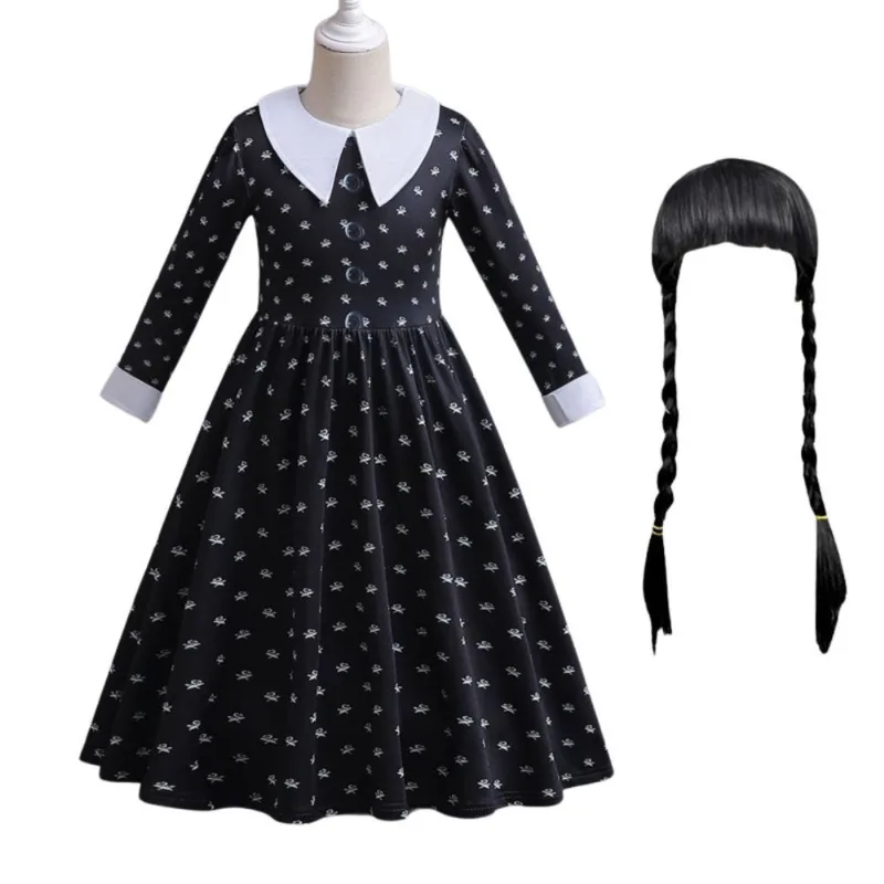 Fantasia Vestido Com Peruca Infantil Menina Vandinha Festa - Preto - 9