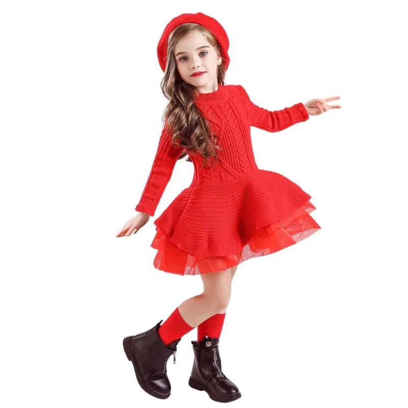 Vestido Infantil Menina Lã Trico Croche Festas Manga Longa - Vermelho - 3