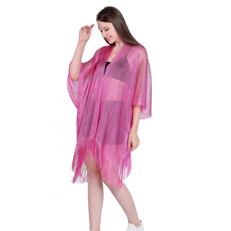 Saída De Praia Com Franjas Metálico Nova Moda Para O Verão - Fúcsia - Unico