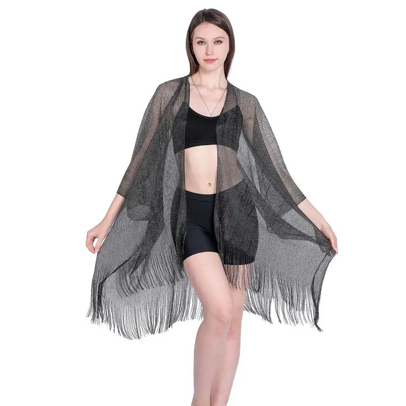 Saída De Praia Com Franjas Metálico Nova Moda Para O Verão - Preto - Unico