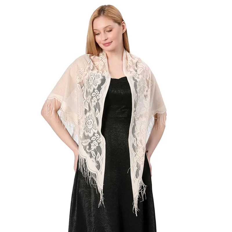Echarpe De Renda Xale Franja Sofisticação E Elegância Luxo - Bege - Unico