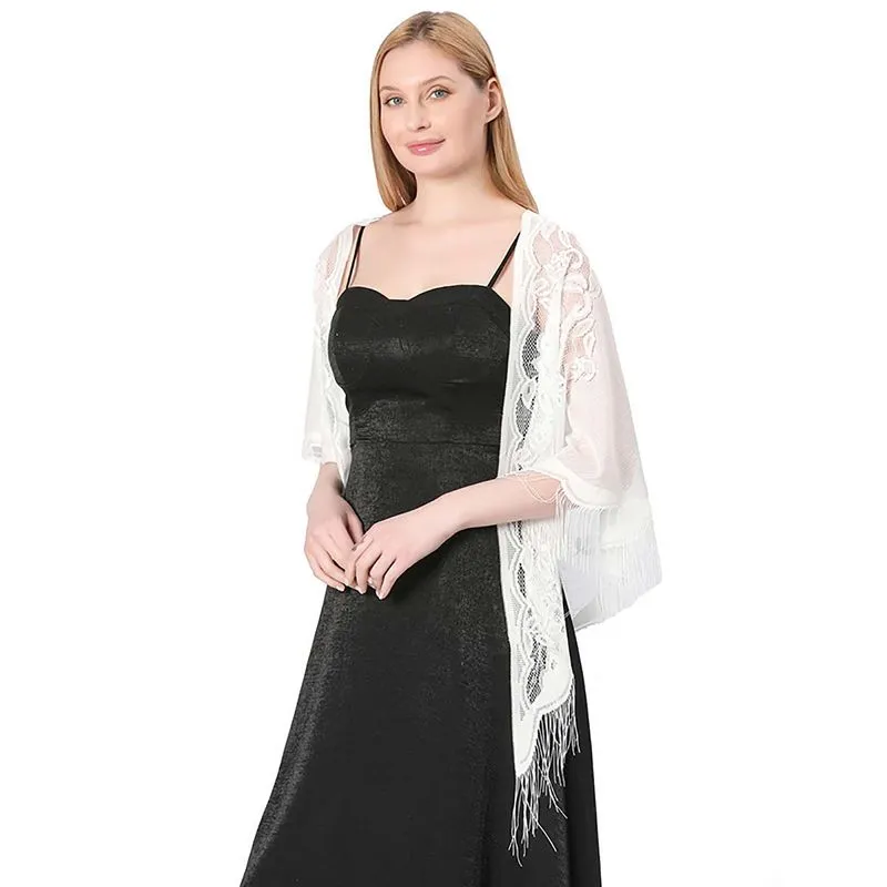 Echarpe De Renda Xale Franja Sofisticação E Elegância Luxo - Branco - Unico
