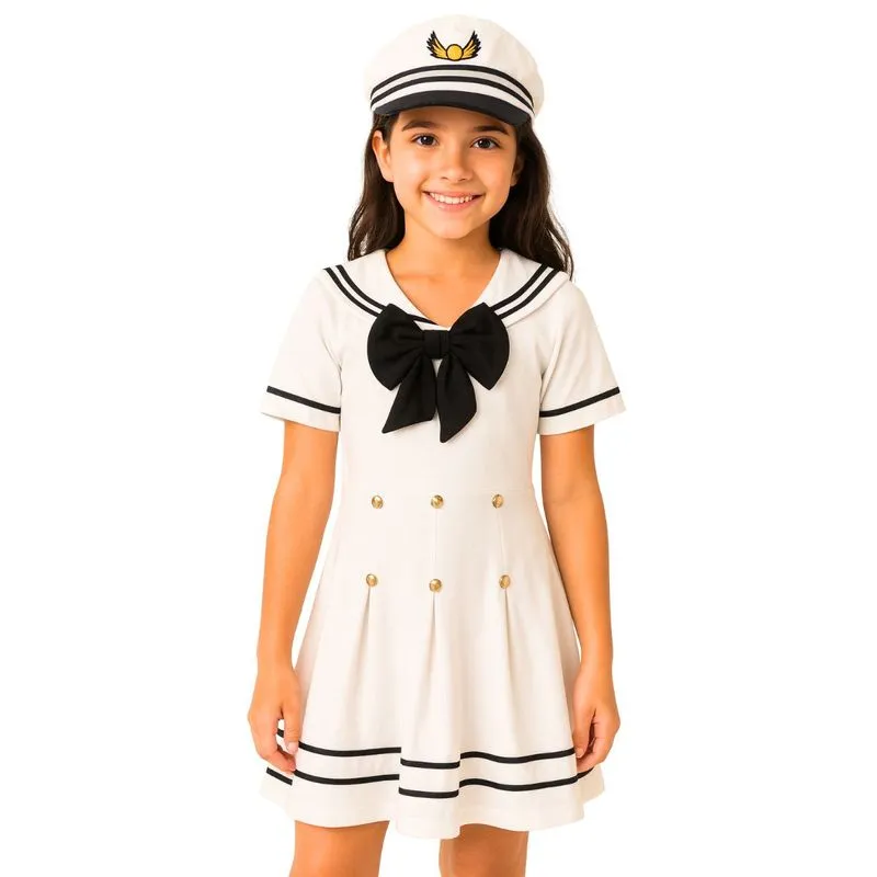 Vestido Fantasia Infantil Marinheiro Chapéu Festa Passeio - Branco - 2