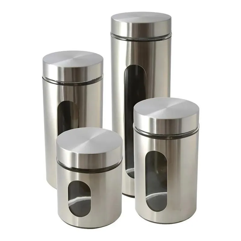 4 Potes Mantimento Condimento Conserva Vidro Inox Com Visor