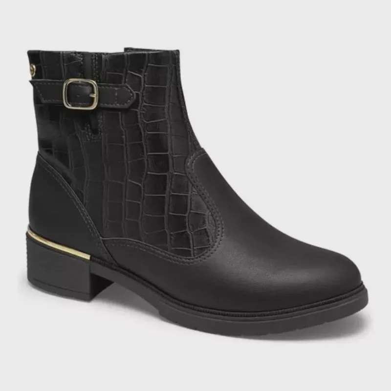 Bota Campesí Casual Cano Curto Fivela Texturas Feminina Preto