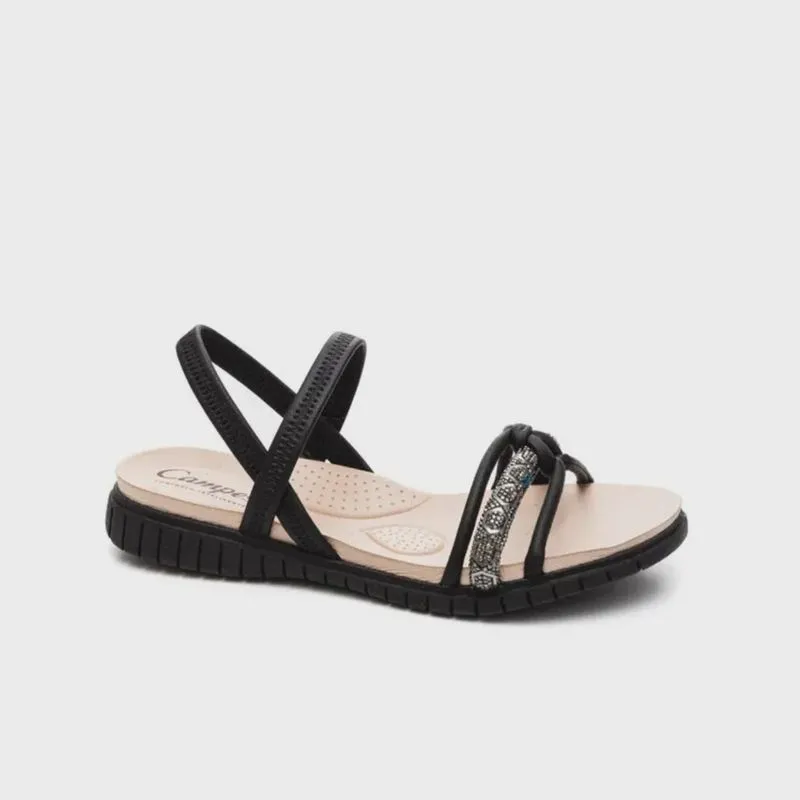 Sandália Campesi Casual Flat Tira Brilhante Conforto Feminina Preto