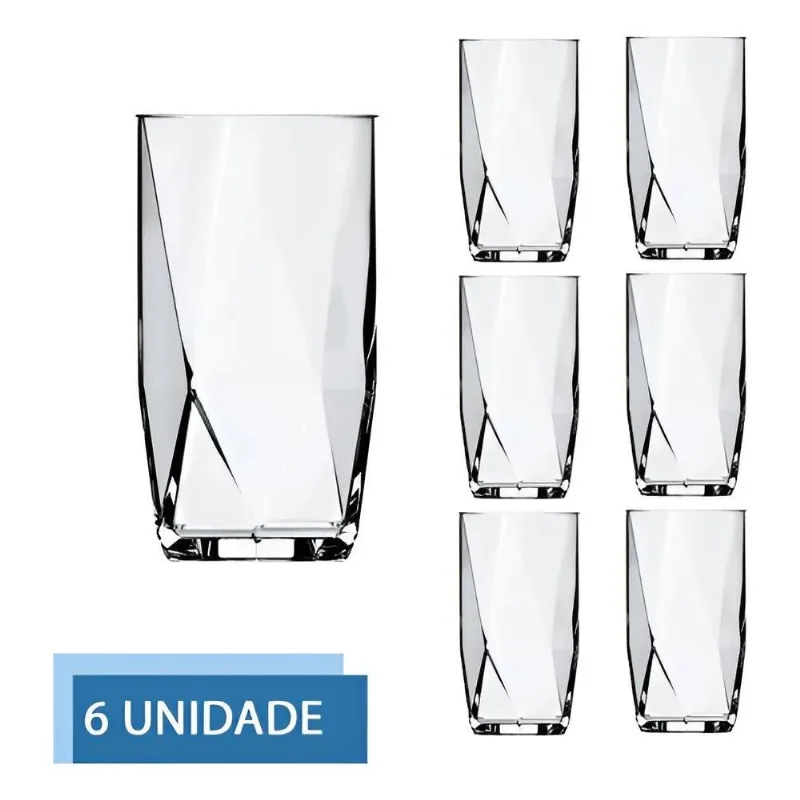 Jogo 6 Copos De Vidro Transparente 360ml Topazio Long Drink
