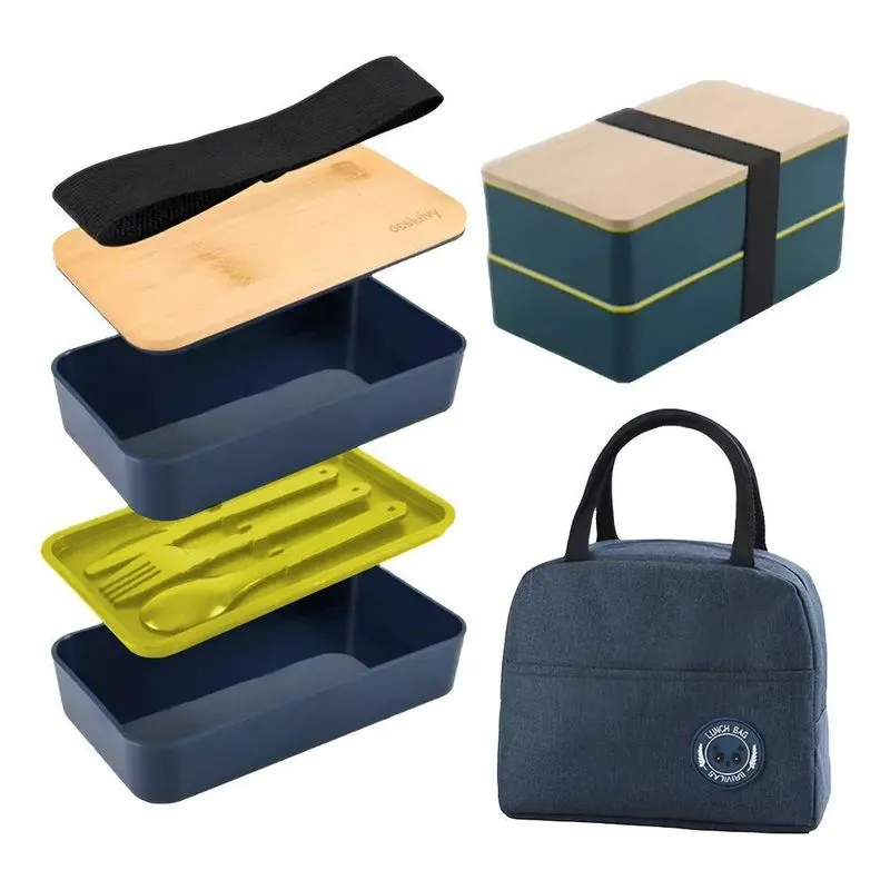Kit Marmita Fit Lancheira Bambu 2 Divisórias E B Azul-petról