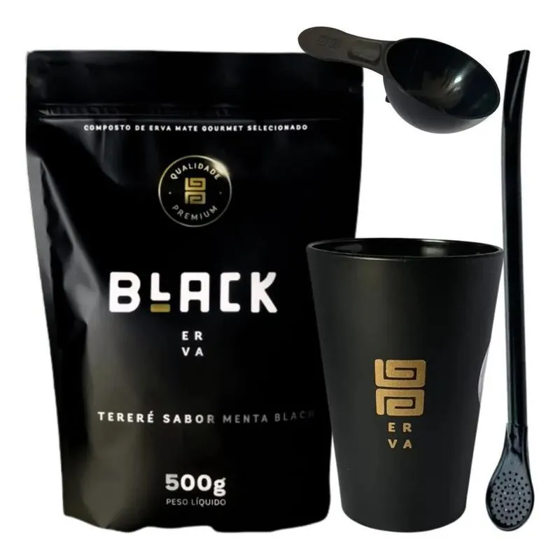Kit Tereré Black Erva Cuia E Bomba Preta + Erva Sa Menta Bla