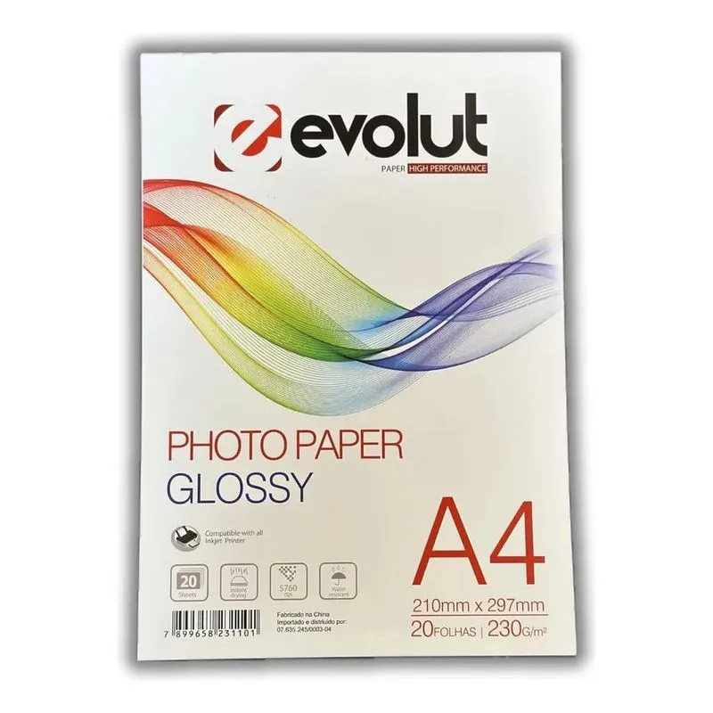 10x 100 Folhas Papel Fotográfico Glossy Evolut 230g A4
