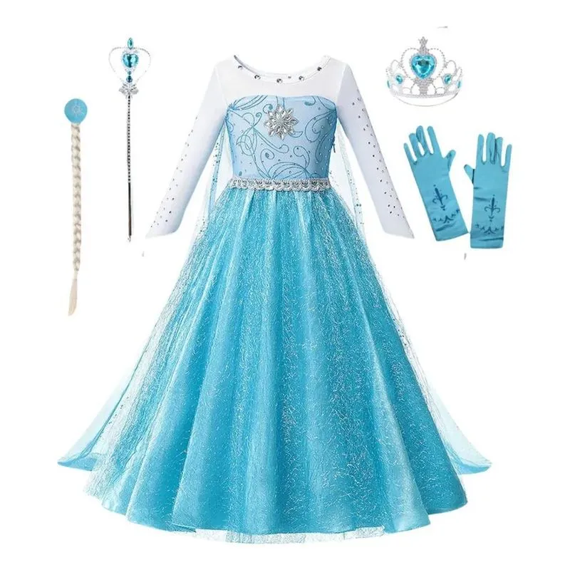 10x Fantasia Vestido Infantil Luxo Elsa Frozen Com Acessóri