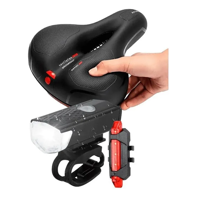 Banco Selim 2 Molas + Farol Bike E Luz Traseira Pisca Wbcom