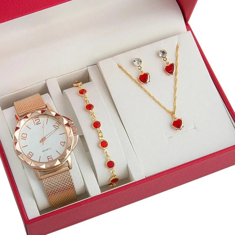 Relógio Feminino+ Kit Colar Brincos Pulseira Fol Rose-vermel