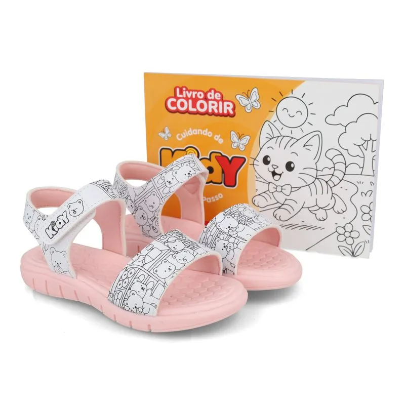 Sandália Papete Bobbie Goods Infantil Kidy Branca e Rosa + Livro de Colorir 29