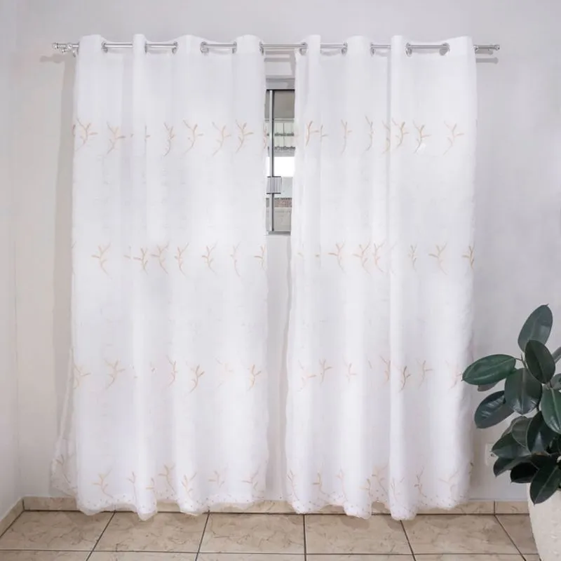 Cortina Bordada com Forro e Voil 4.00 x 2.50 Mts Vivalutex Safira Branca/ Bege