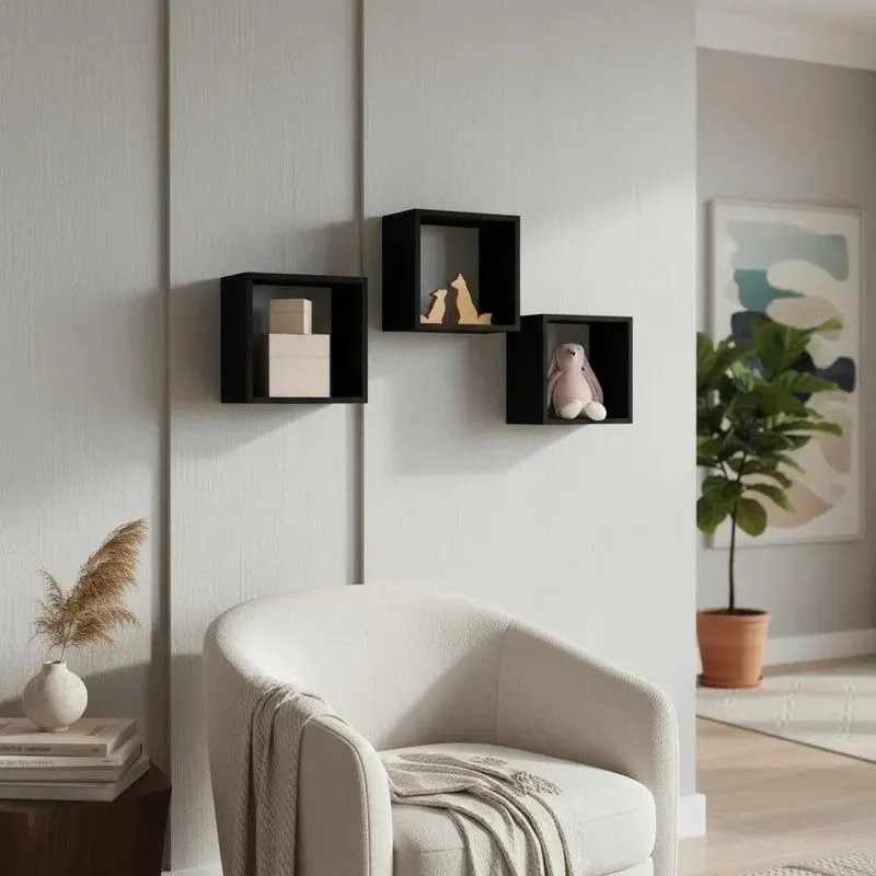 Kit 03 Nichos 20x20 Preto Mdf Decoração Sala Quarto Banheiro