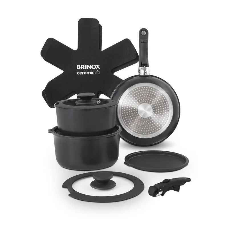 Jogo de Panelas Empilhável Brinox Fit 10 Peças Antiaderente Ceramic Life, Cabo Removível e Fundo de Indução - Preto 11 Peças Preto