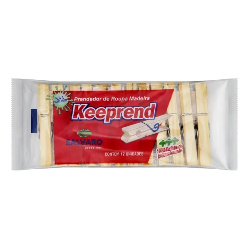 3x Prendedor De Roupa Madeira Keeprend 12 Unidades