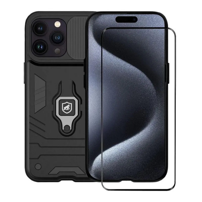 Kit Capa Defender E Pelicula Coverage 5d Pro Preta Para Iphone 15 Pro - Gshield - Gshield