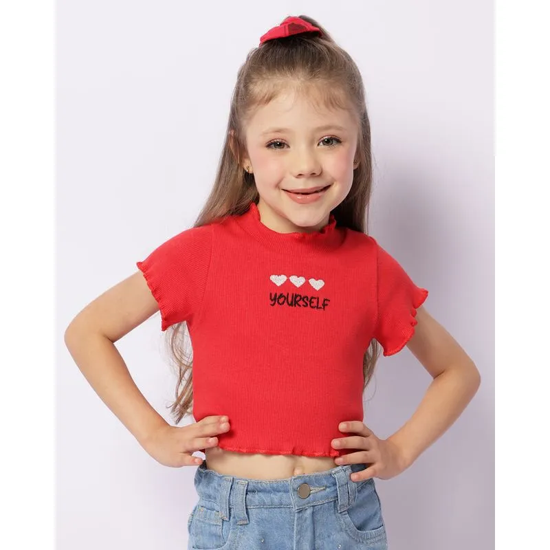 Blusa Infantil Cropped Com Bordado Frontal + Brinde Elástico De Cabelo Vermelha 8