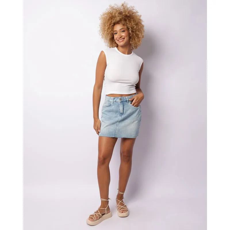 Saia Jeans Feminina Curta Barra Desfiada Azul 42