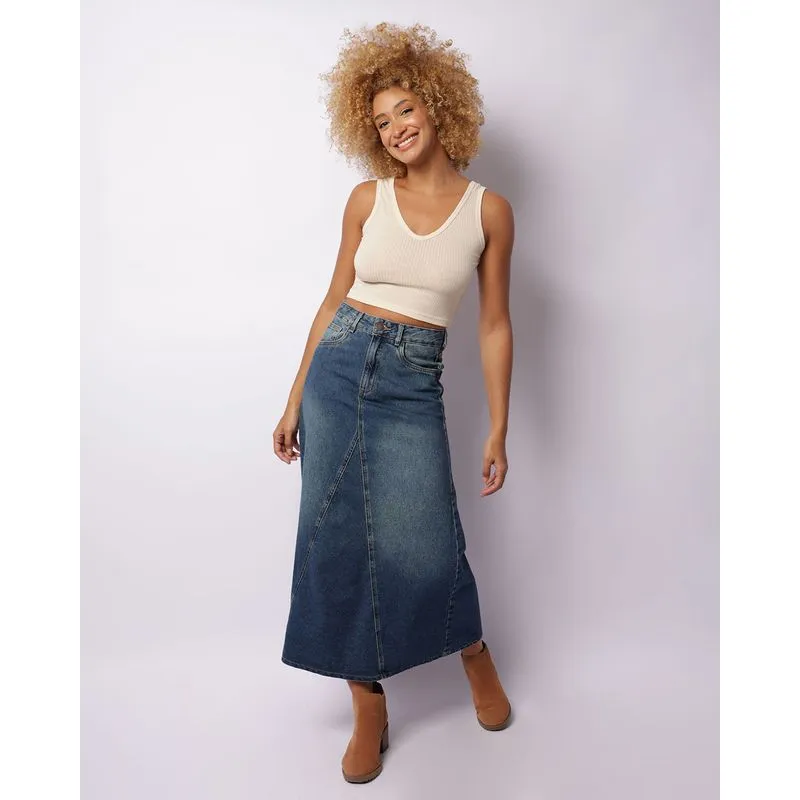 Saia Jeans Feminina Longa Recorte Frontal Azul 40