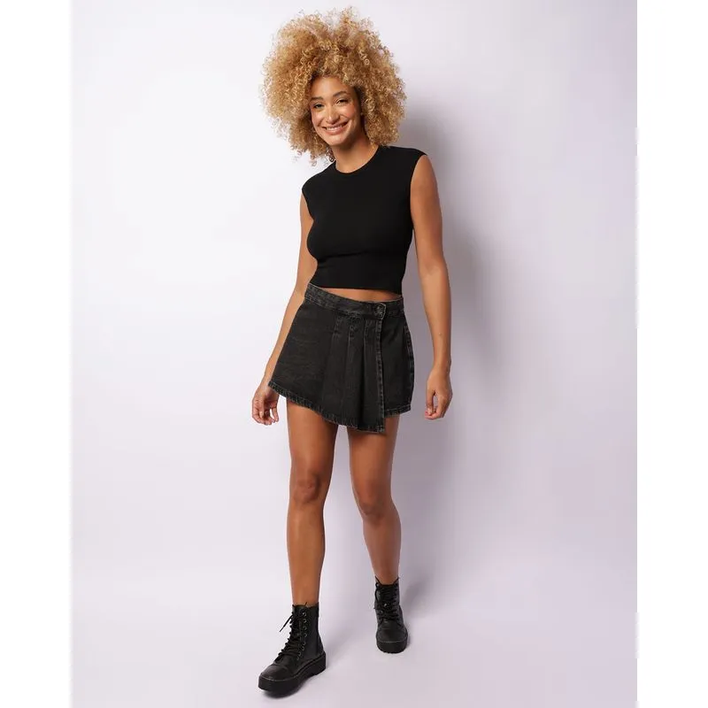 Short Saia Jeans Femiinino Com Recortes Preta 36