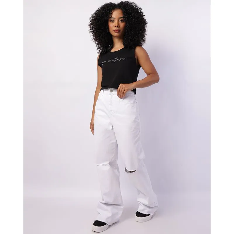 Calça Feminina Sarja Wide Leg Barra Desfiada Branca 36