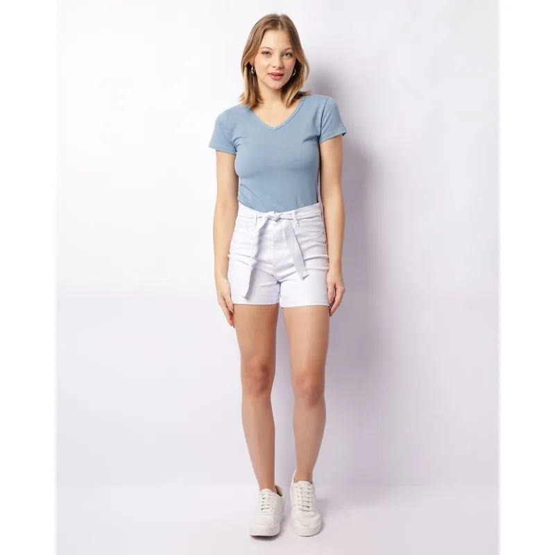 Short Sarja Feminino Vizzy Cinto com Aplicação Branco 44