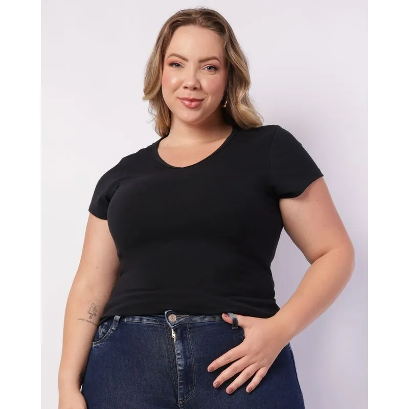 Blusa Plus Size Feminina Algodão Básica Preta G2