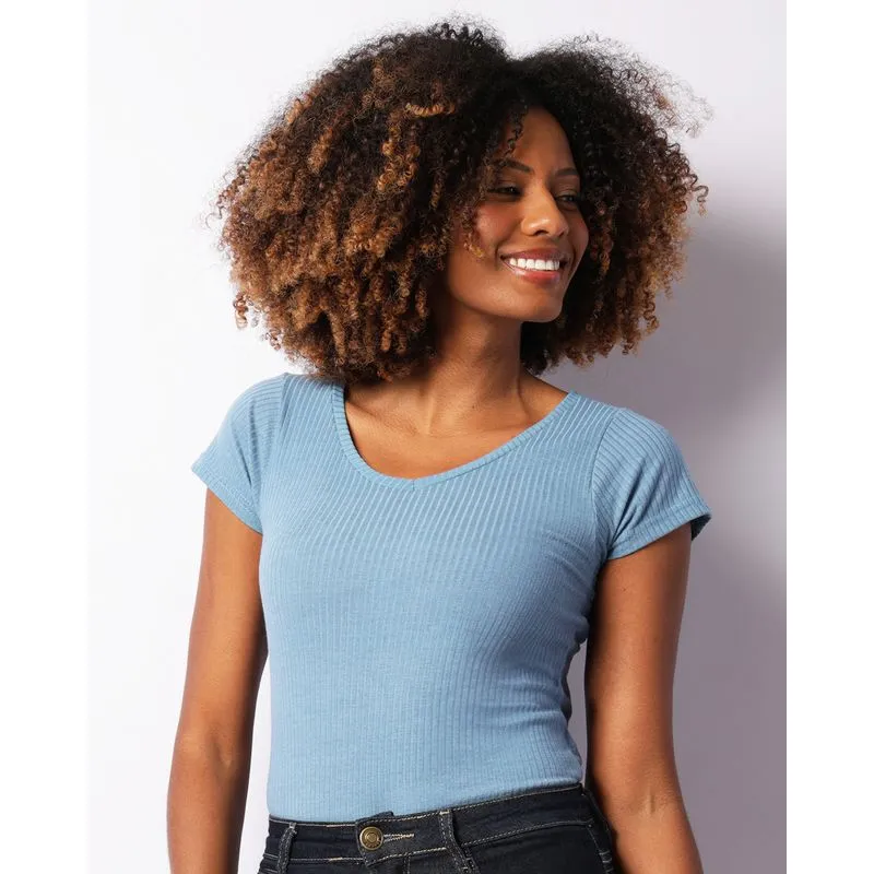 Blusa Feminina Canelada Manga Curta Decote V Azul GG